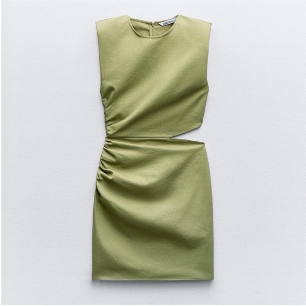 Zara, Light Khaki, RUCHED CUT OUT MINI DRESS, Medium - Picture 3 of 9